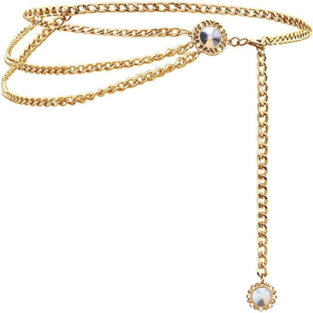 Women's Crystal Gold Multi-layer Metal Waist Chain Dress Belts Metal Belt